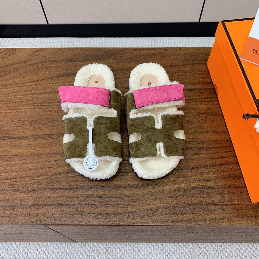 HM Chypre Sandal In Army Green Mix Pink Fleece And Suede 984192