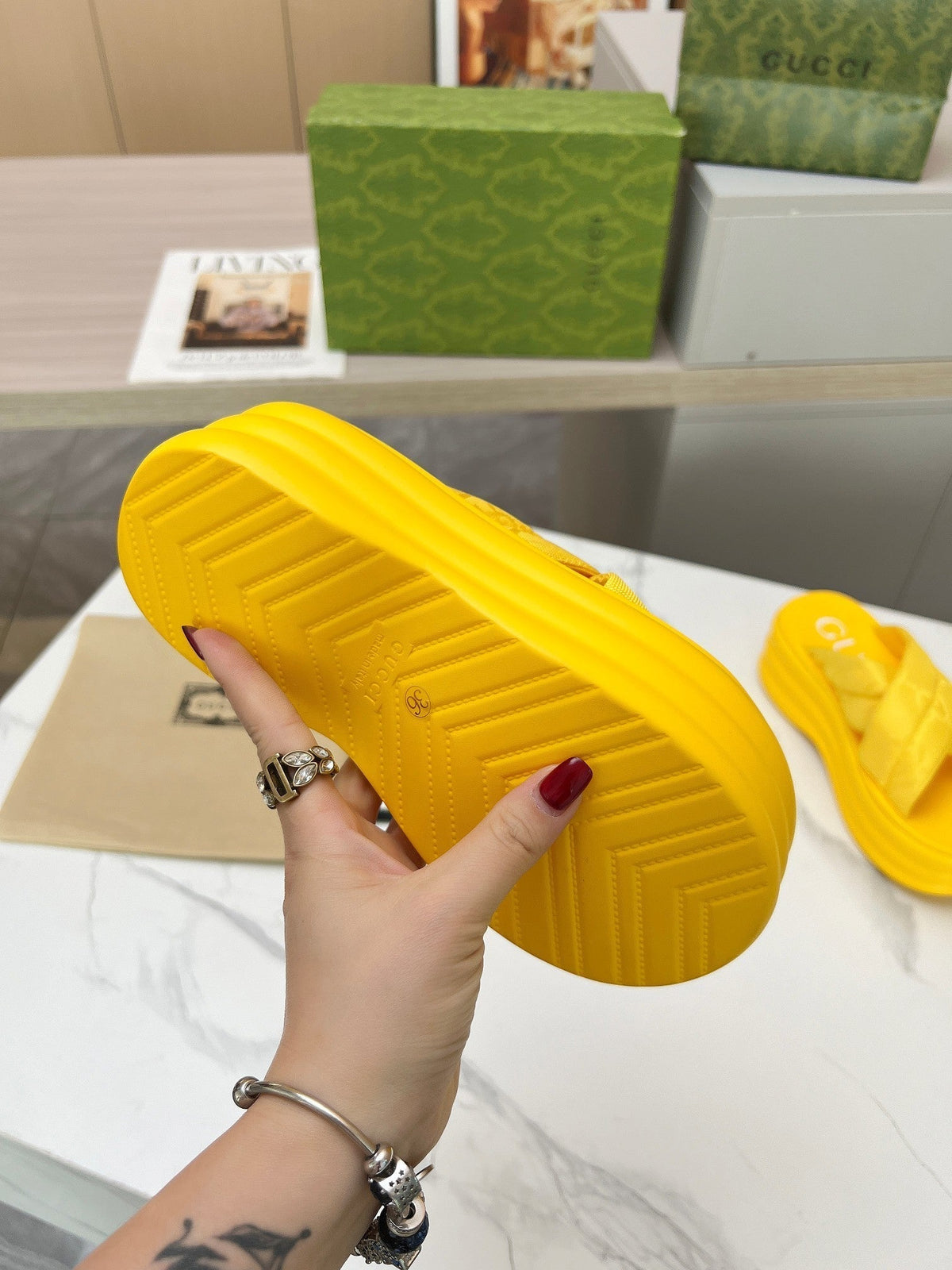 GG waterproof platform slippers yellow fabric