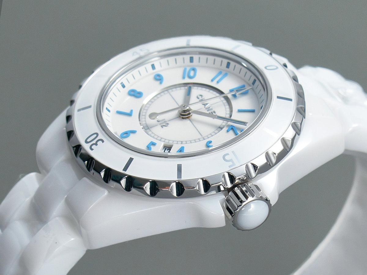 J12 Date Quartz White Ceramic Blue Numerals White Dial
