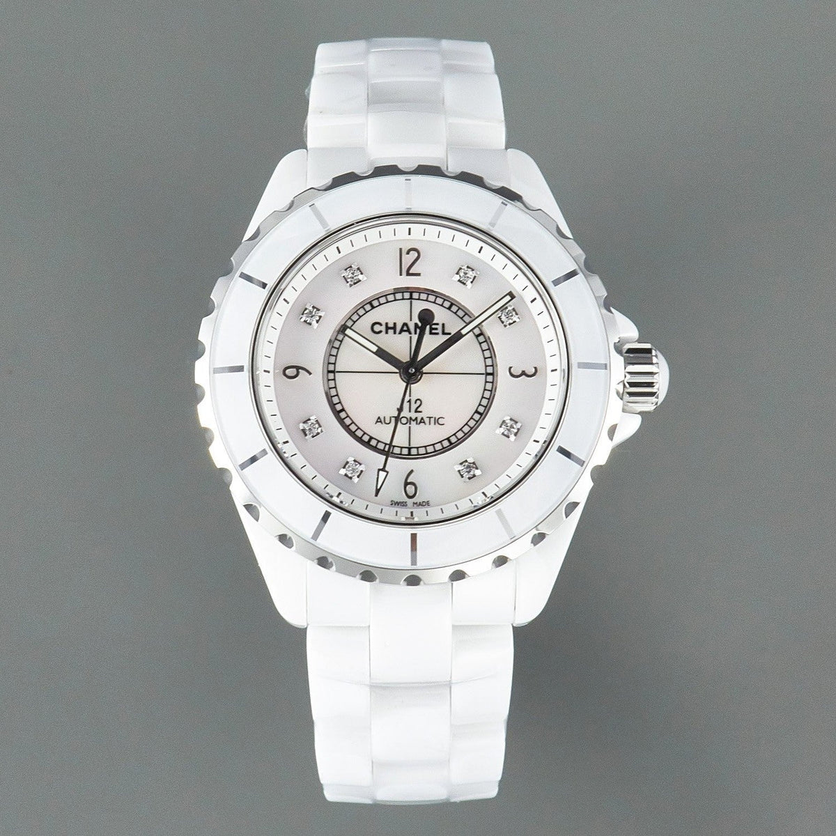 J12 Automatic White Ceramic Black Diamond Numerals Mop Dial