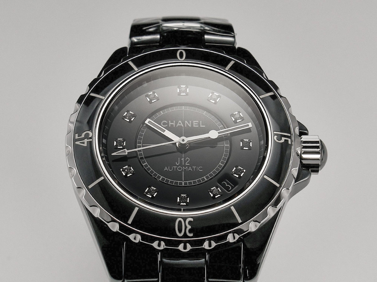 J12 Date Automatic Black Ceramic Diamond Numerals Black Dial White Steel Hands