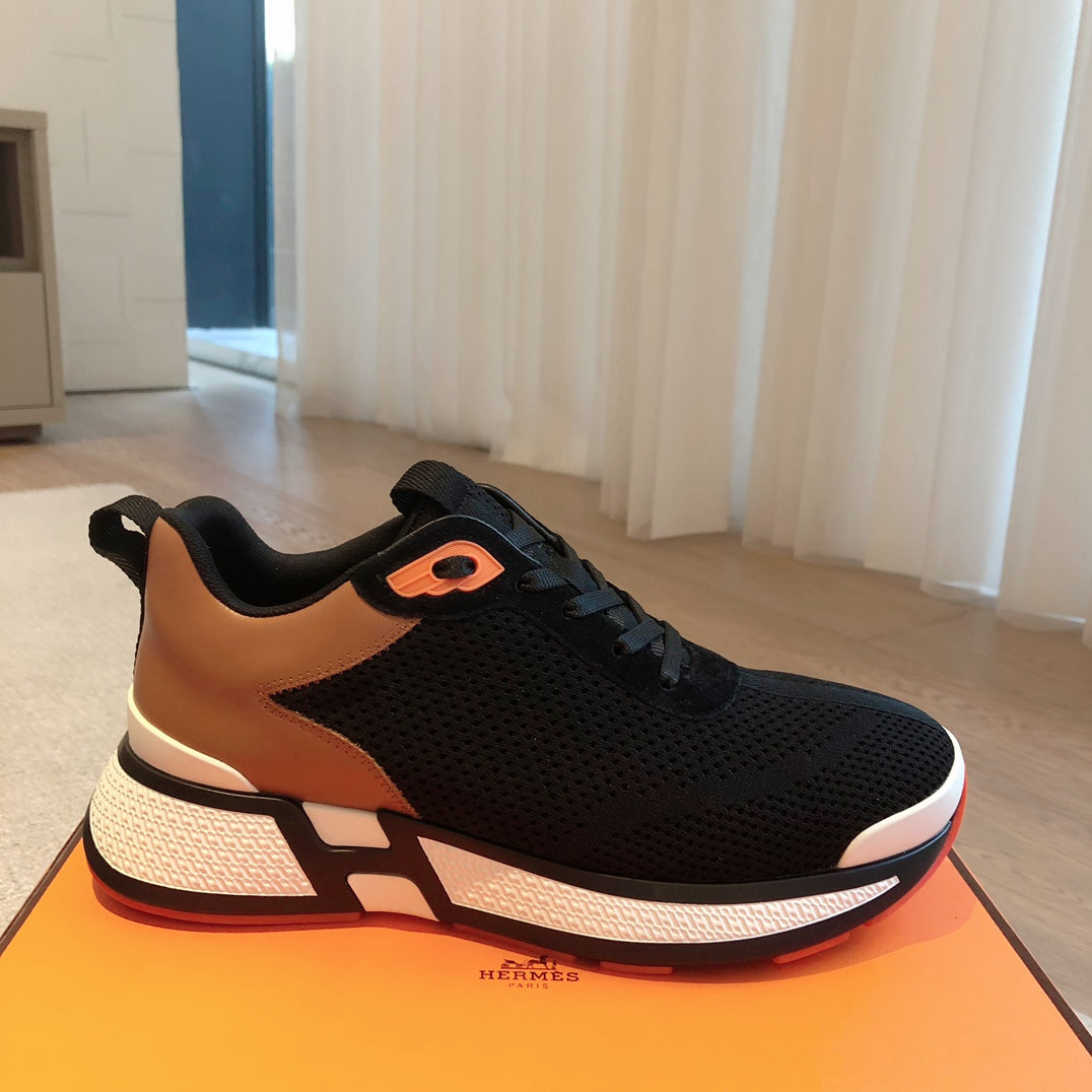 HM Heros Sneaker In Black White Mix Brown Orange Calfskin And Mesh Fabric 970868