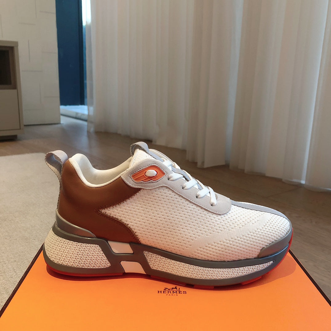 HM Heros Sneaker In White Grey Mix Brown Orange Calfskin And Mesh Fabric 970869