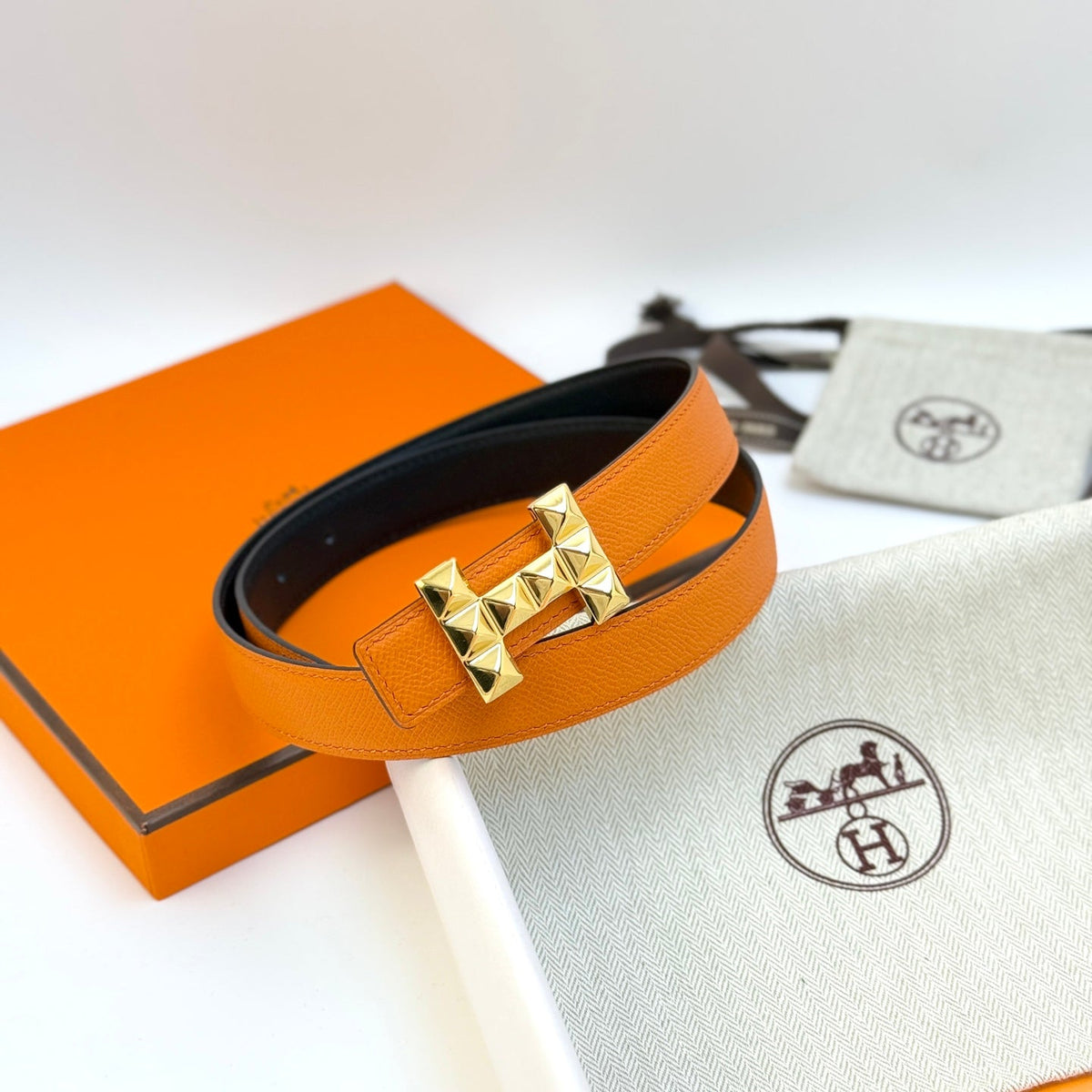 HM Infini Reversible Belt 24mm Orange Epsom Gold Buckle