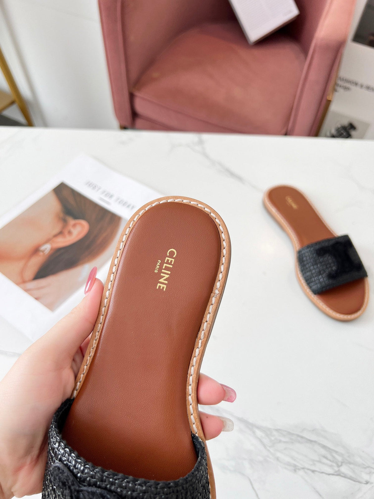 Celine 25C Slippers Black Fabric with Calfskin 238155