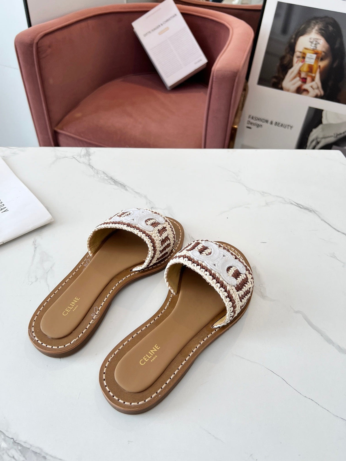 Celine 25C Slippers Beige mix Brown Fabric with Calfskin 238160