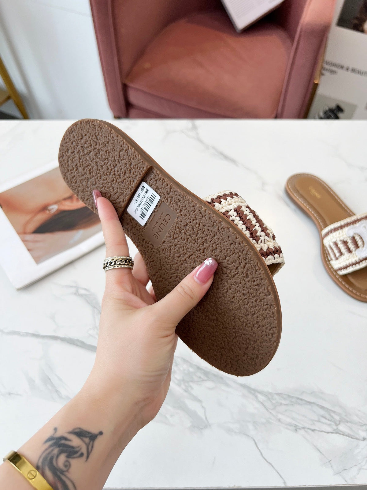 Celine 25C Slippers Beige mix Brown Fabric with Calfskin 238160