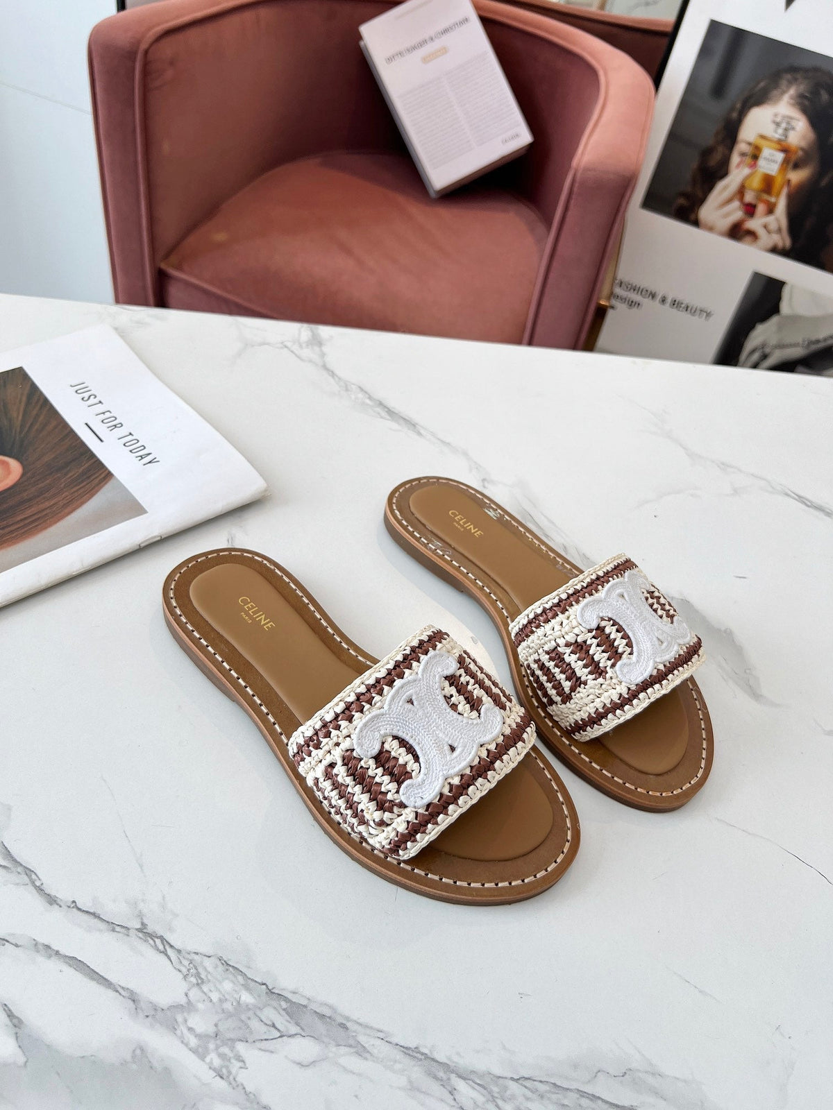 Celine 25C Slippers Beige mix Brown Fabric with Calfskin 238160