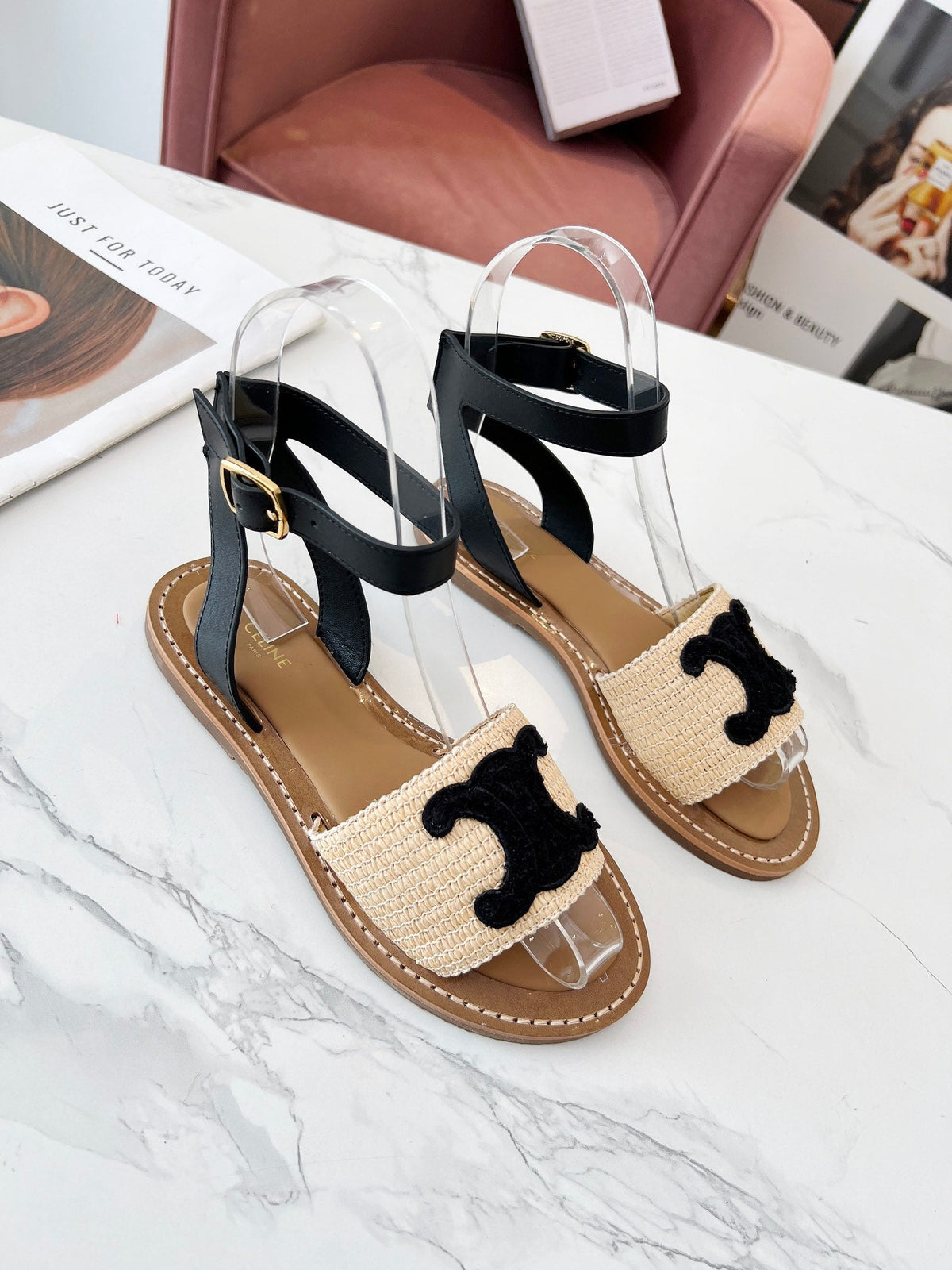 Celine 25C Lympia Sandal Beige mix Black Fabric with Calfskin 238163