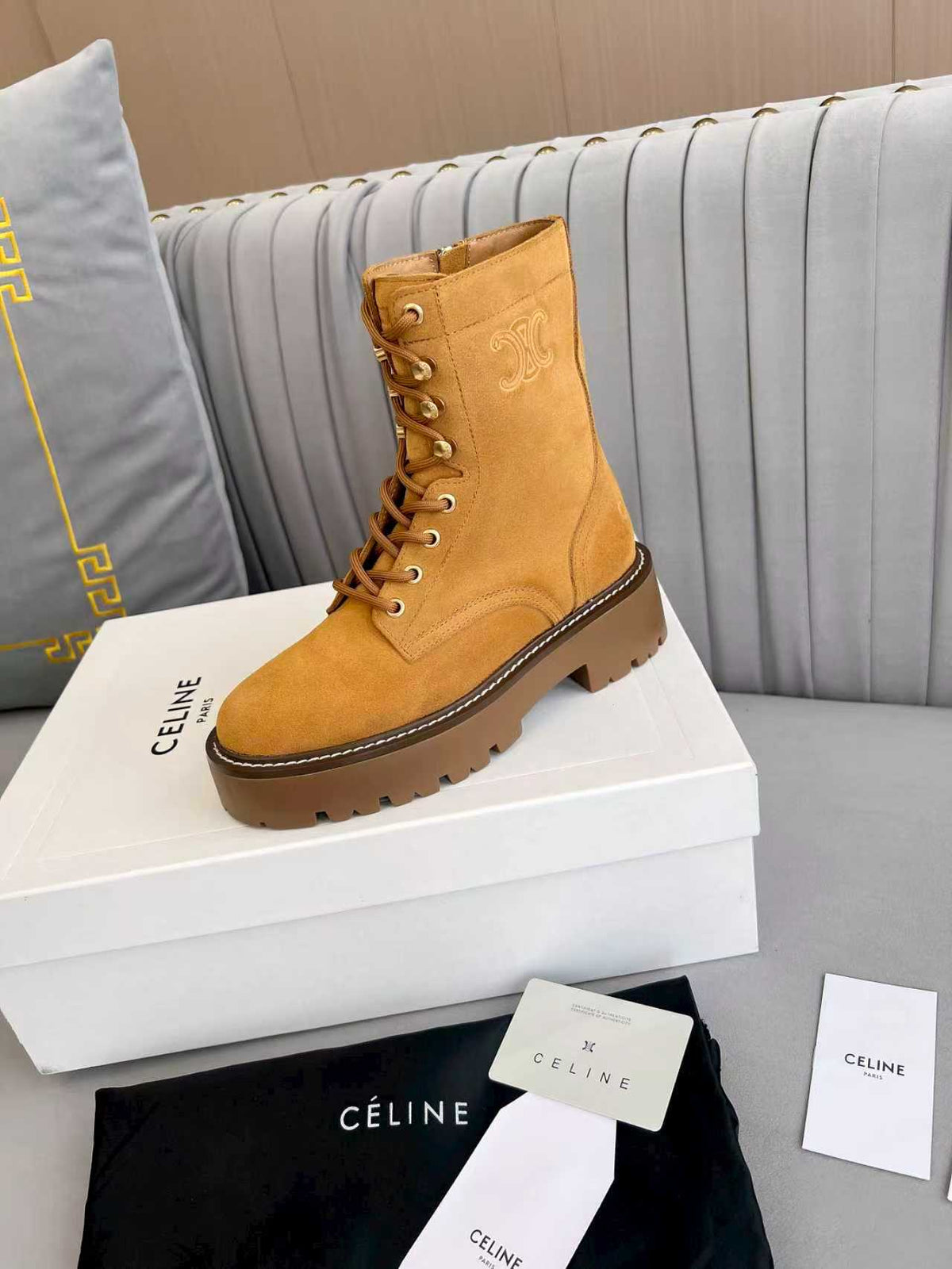 Celine 25s Triomphe Rangers Mid Lace-Up Boot Brown Suede