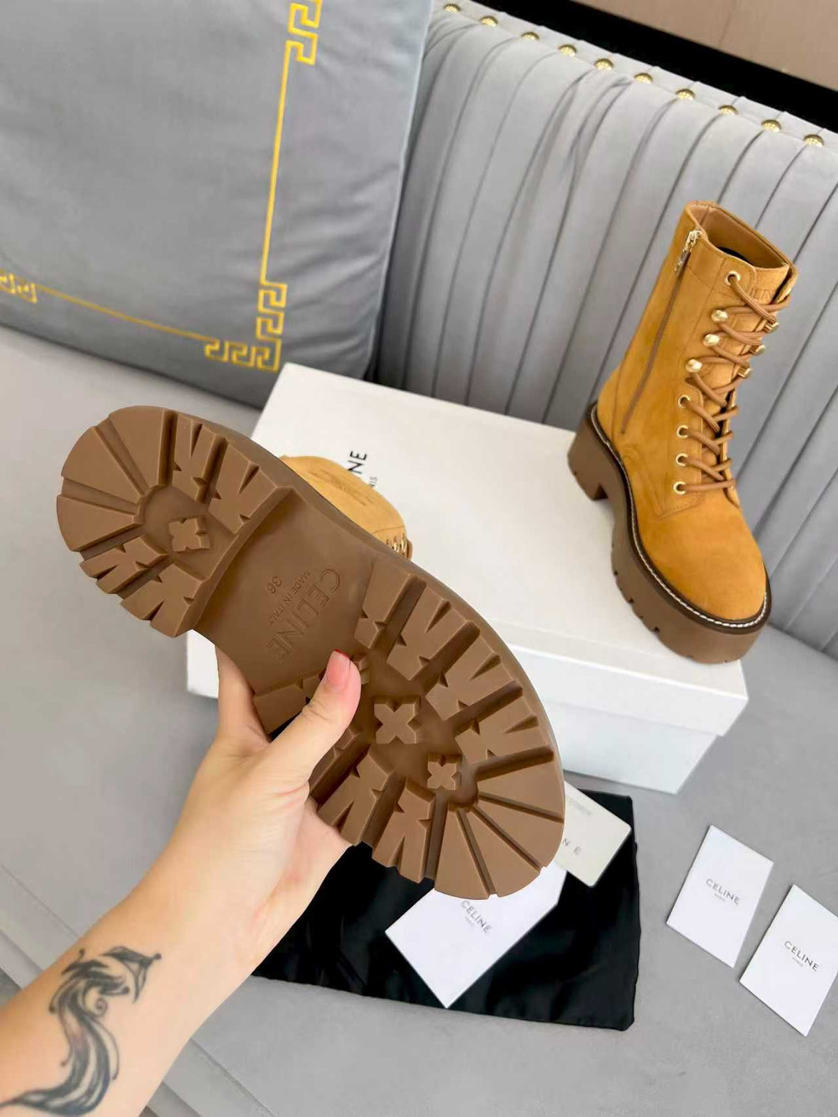Celine 25s Triomphe Rangers Mid Lace-Up Boot Brown Suede