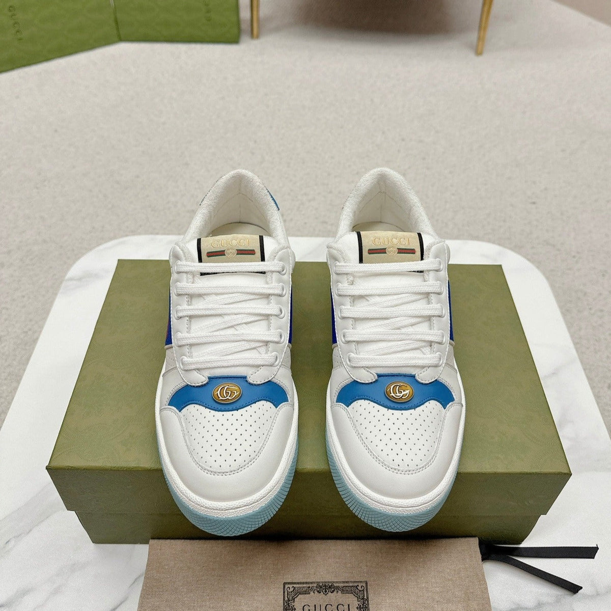 GG WOMEN'S SCREENER TRAINER WHITE AND BLUE CALFSKIN
