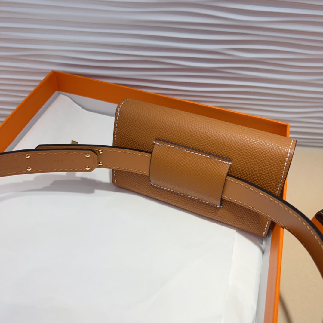 HM KELLY POCKET 18MM BELT CINNAMON BROWN LEATHER GOLD HARDWARE