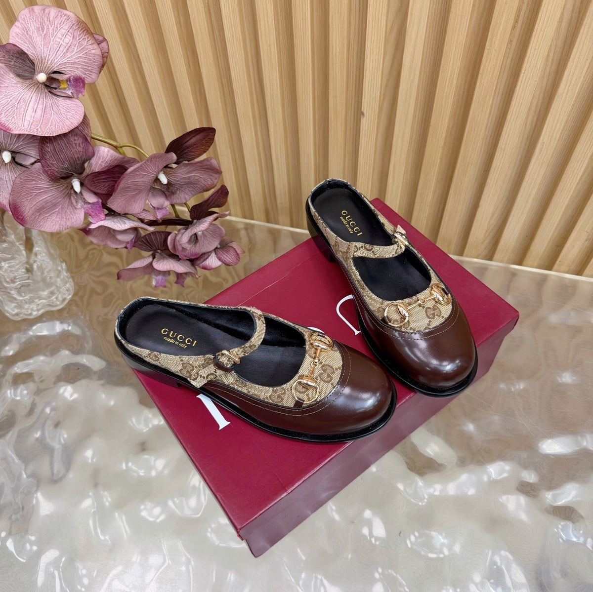 GG 26 Mule Brown Beige Beaded Leather Double G Fabric 589456