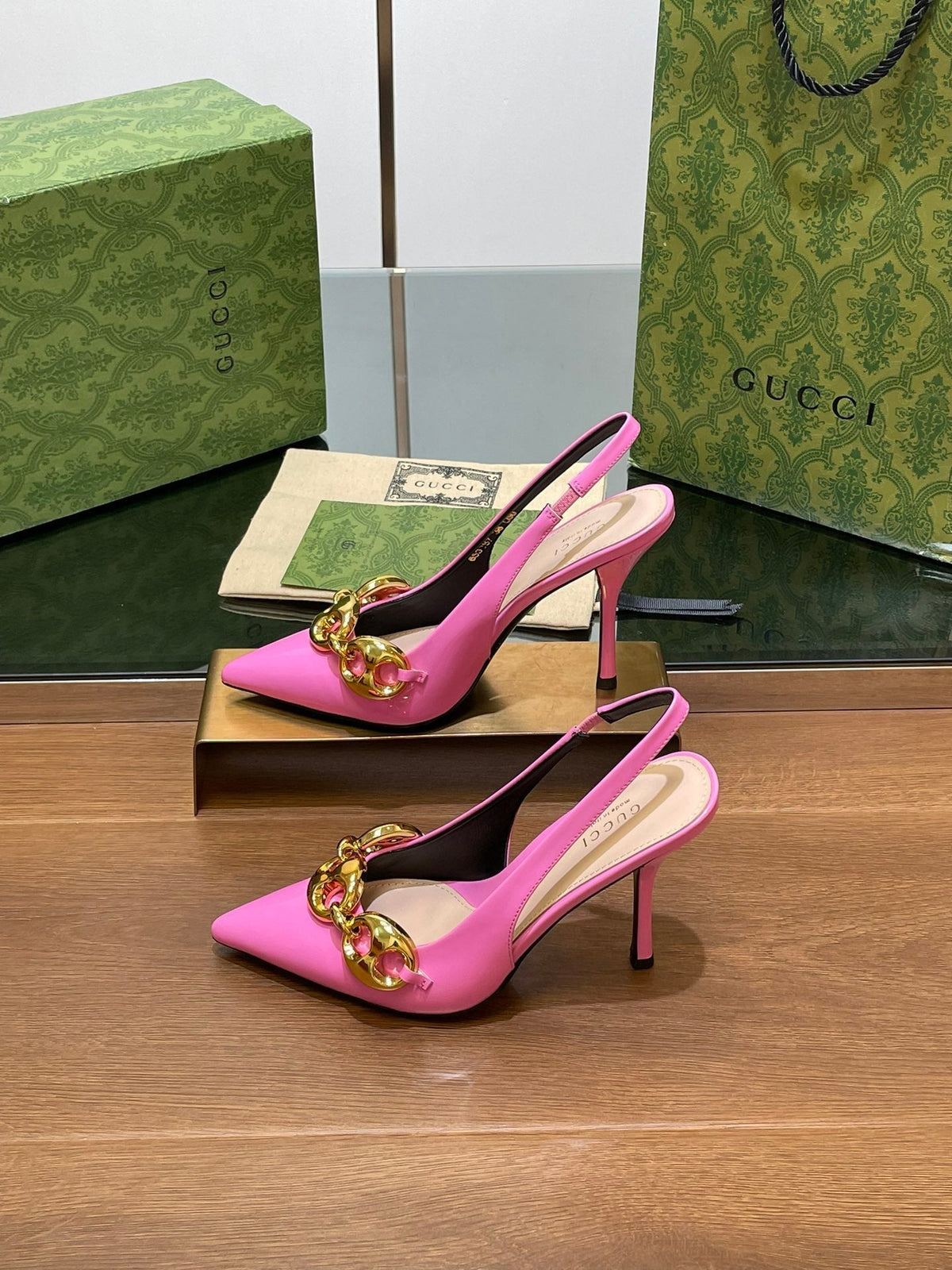 GG HIGH SLINGBACK 10.5 CM IN FUSICA PINK GLOSSY CALFSKIN