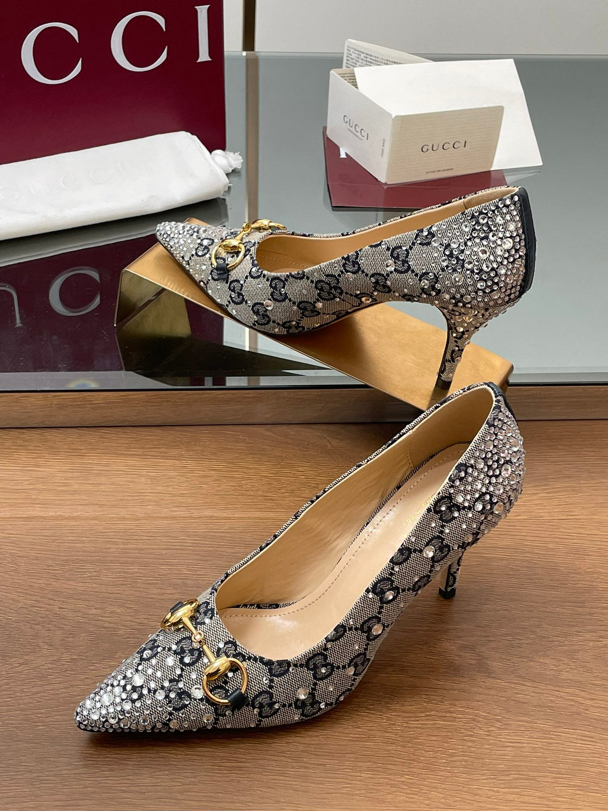 GG Horsebit Pump 85 Beige Black Monogram Canvas Crystal-Embellished