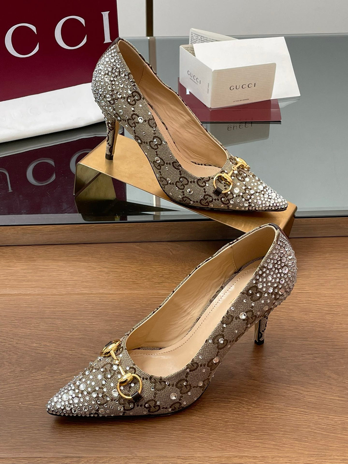 GG Horsebit Pump 85 Beige Ebony Monogram Canvas Crystal-Embellished