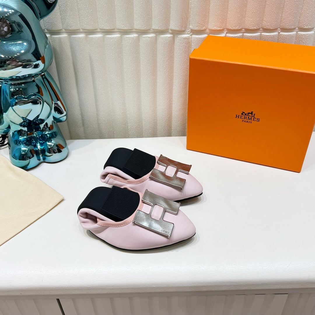 H-BUCKLE BALLLET FLAT LIGHT PINK CALFSKIN