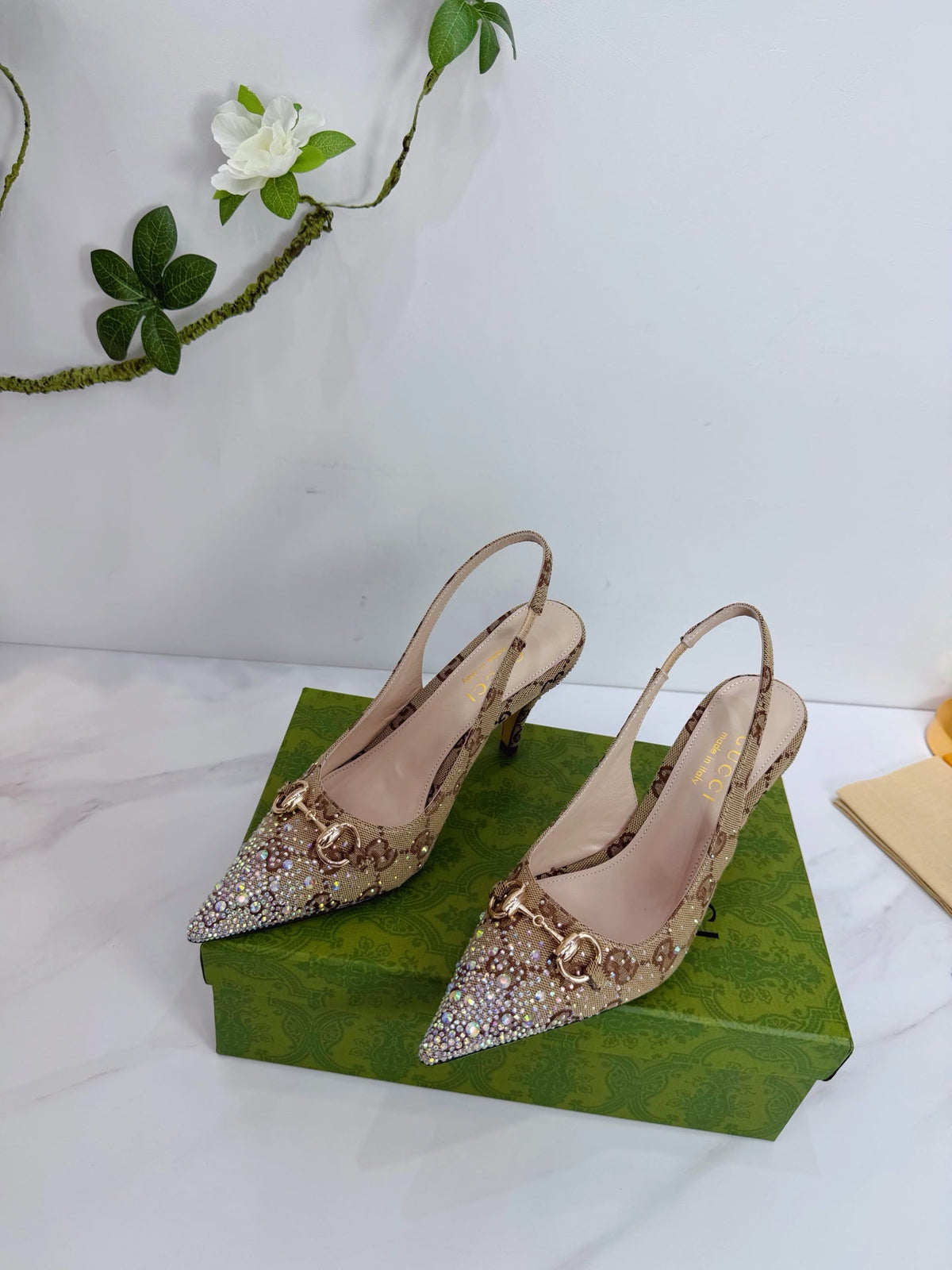 GG 26 Slingback Rhinestones Beige Brown Fabric 592425