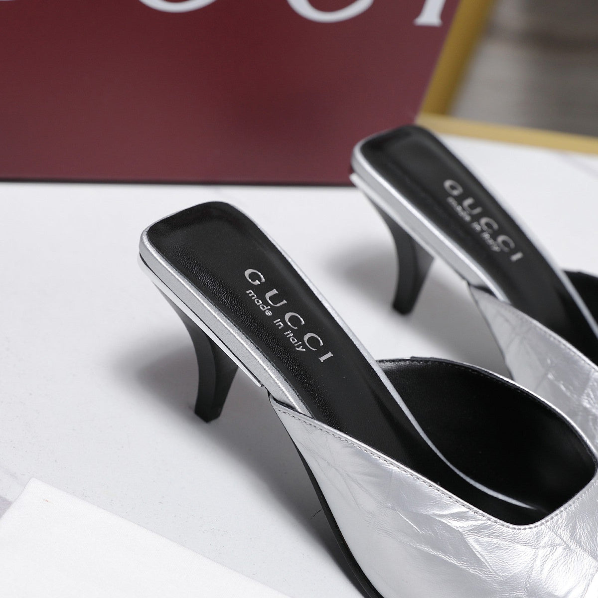 GG 26ss High Heel Mule 60 Metallic Sliver Sheepskin 601082