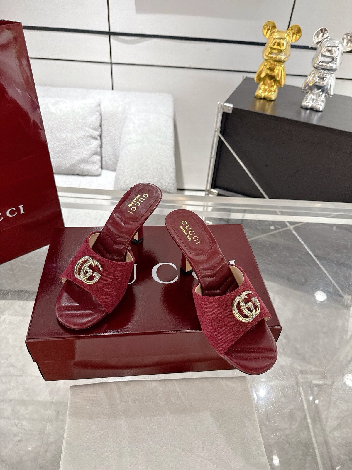 GC 2025 Double G High Heel Sandals Red Canvas Sheepskin 292467
