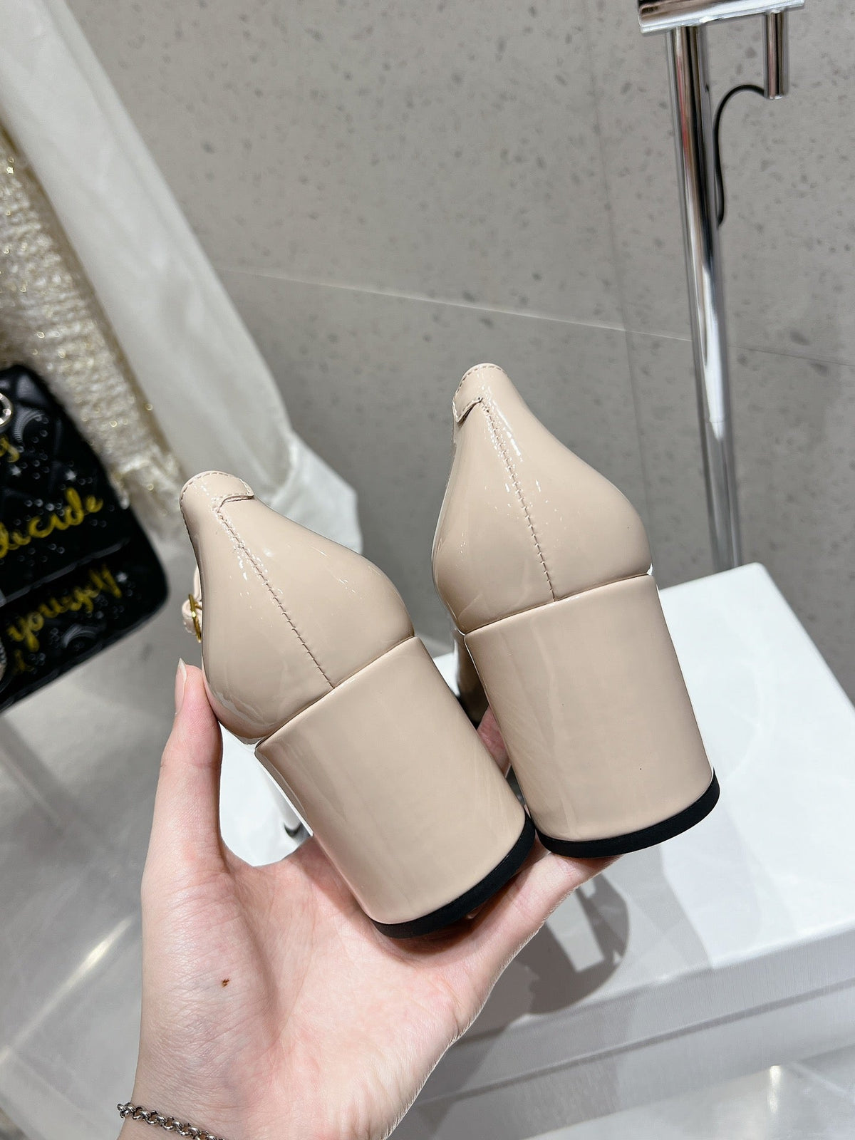 HIGH MARY JANE SHOES IN TAN BEIGE PATENT CALFSKIN