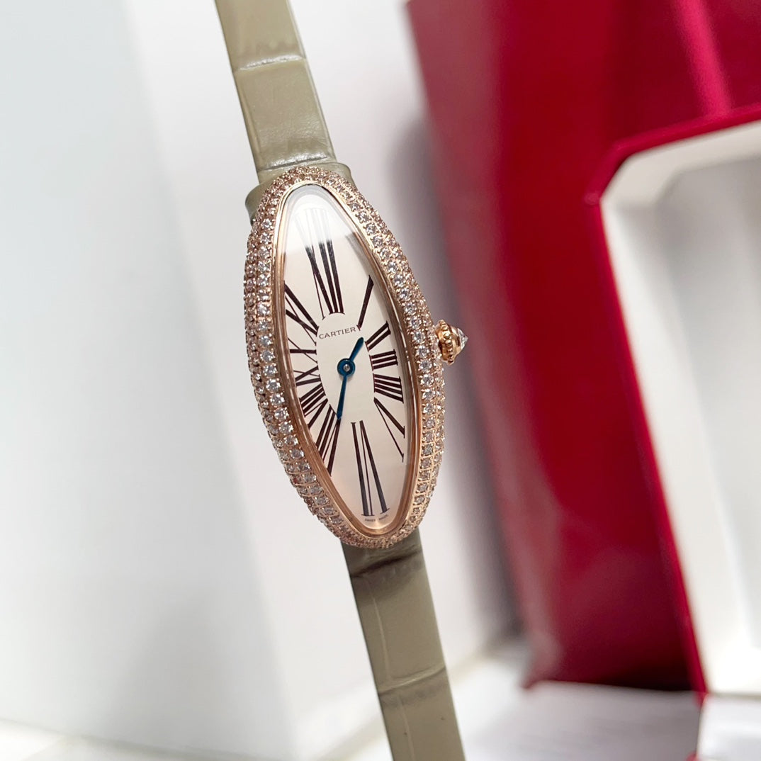 Vintage Baignoire 21mm Pink Gold Diamond Case Khaki Leather