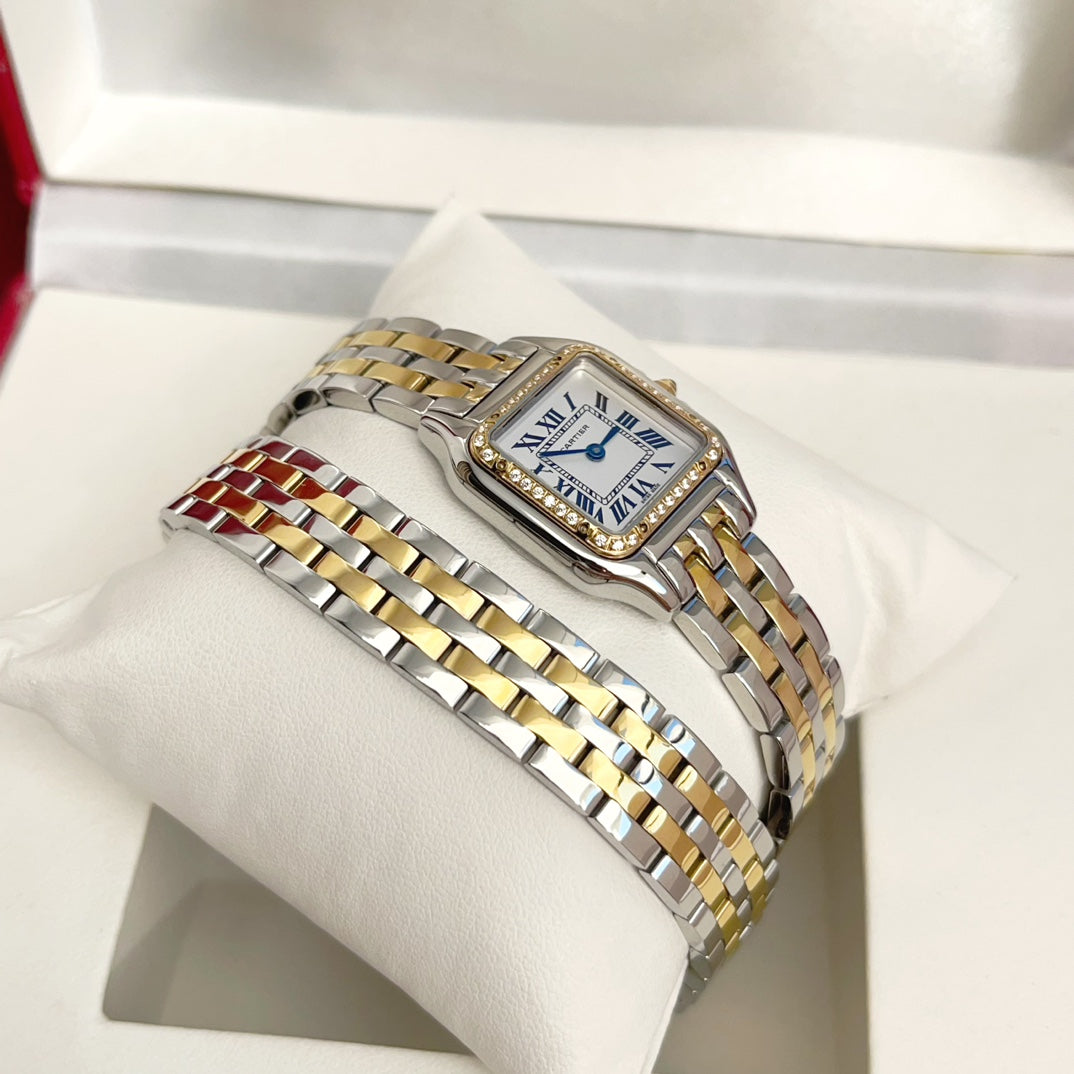 Panthere 22mm Gold Silver Diamond Bezel Double Chain 44cm