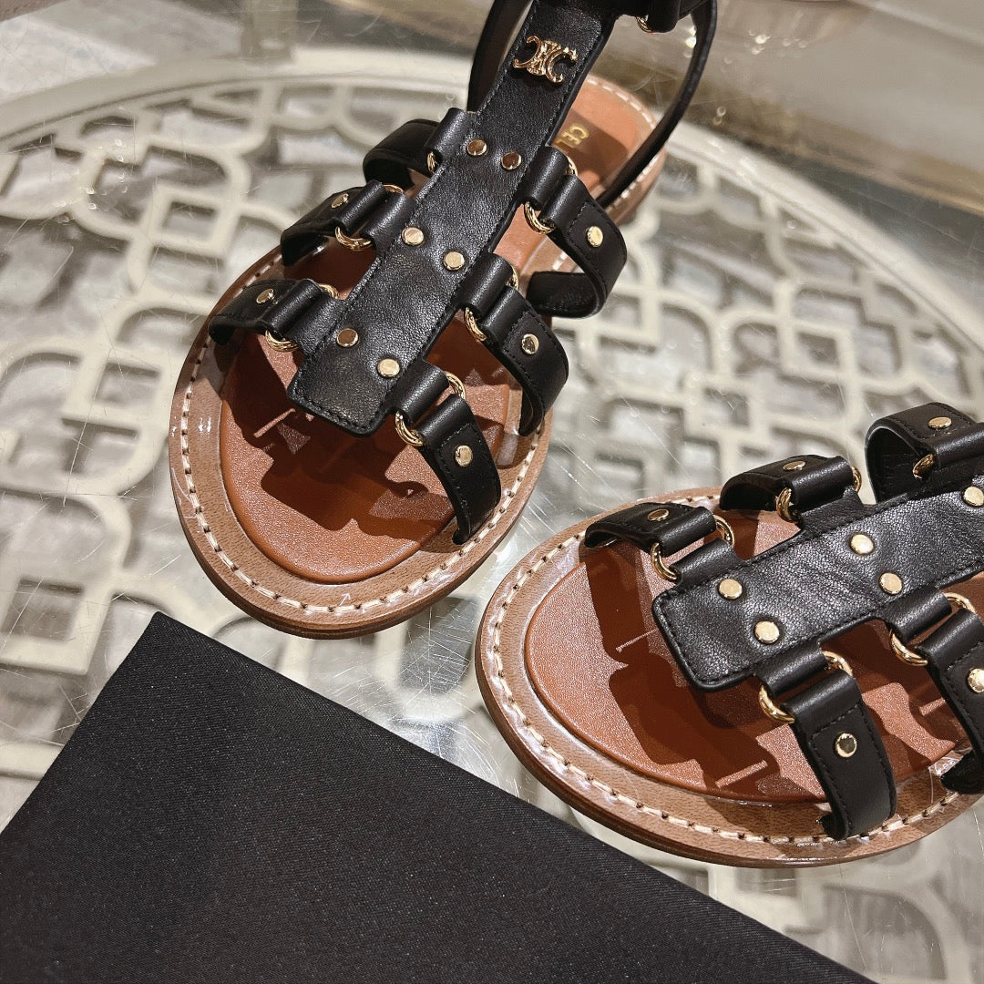 CLEA TRIOMPHE GLADIATOR SANDAL IN BLACK CALFSKIN - VEGETAL TANNING