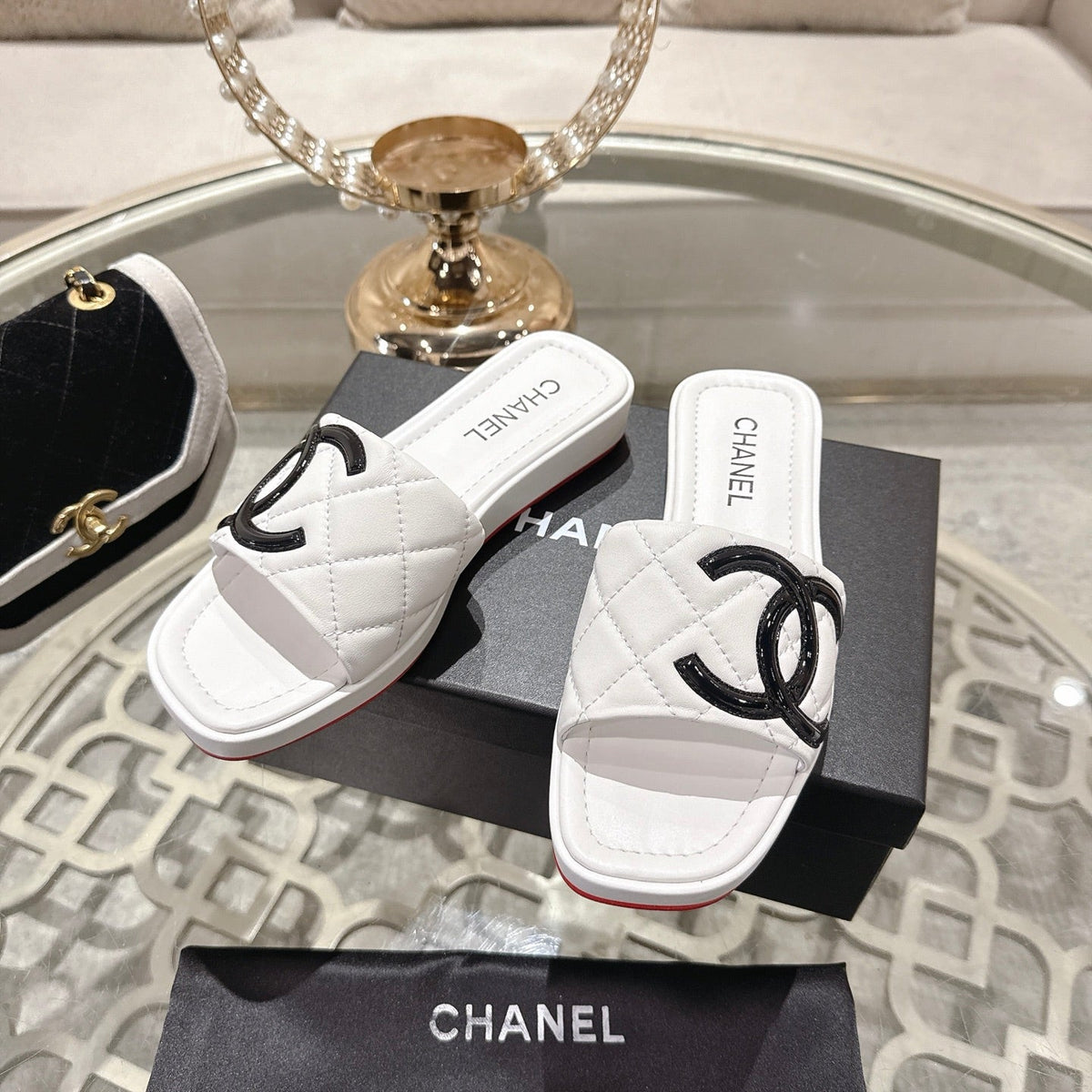 CC 26s Platform Slippers White Black Sheepskin 627073