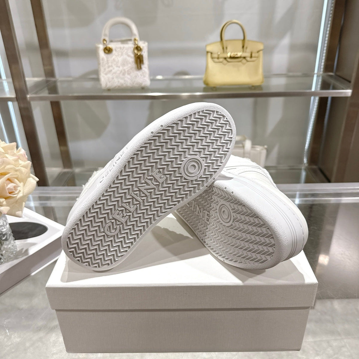 Celine Block Triomphe Leather Wedge Sneakers 50mm White Calfskin Fur