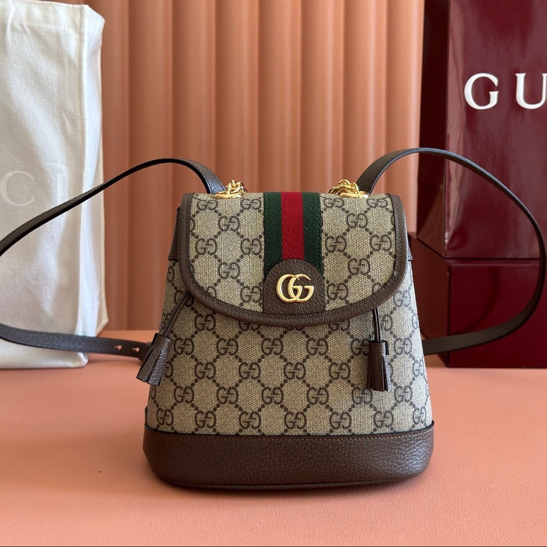 Gucci 2026 Ophidia Backpack 20.5cm Brown Ebony Canvas Leather 280939