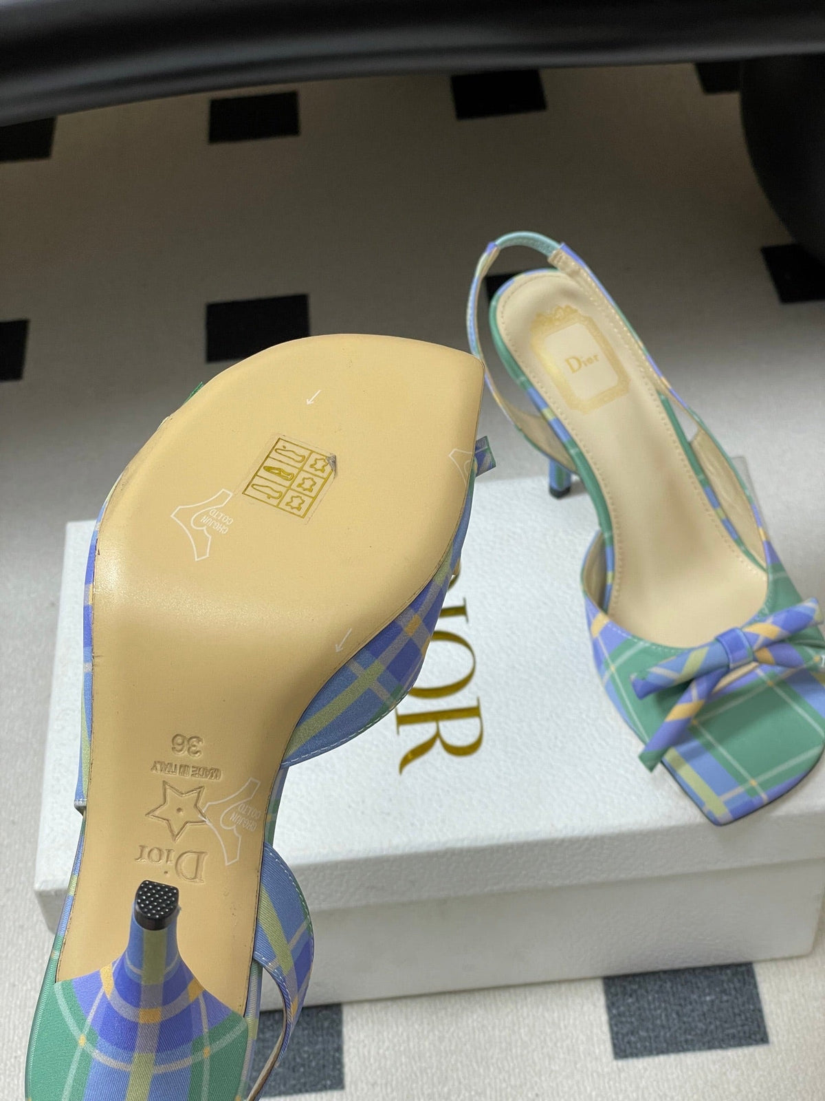 CD 26 Slingback 85 Green Blue Leather Silk Fabric 593601