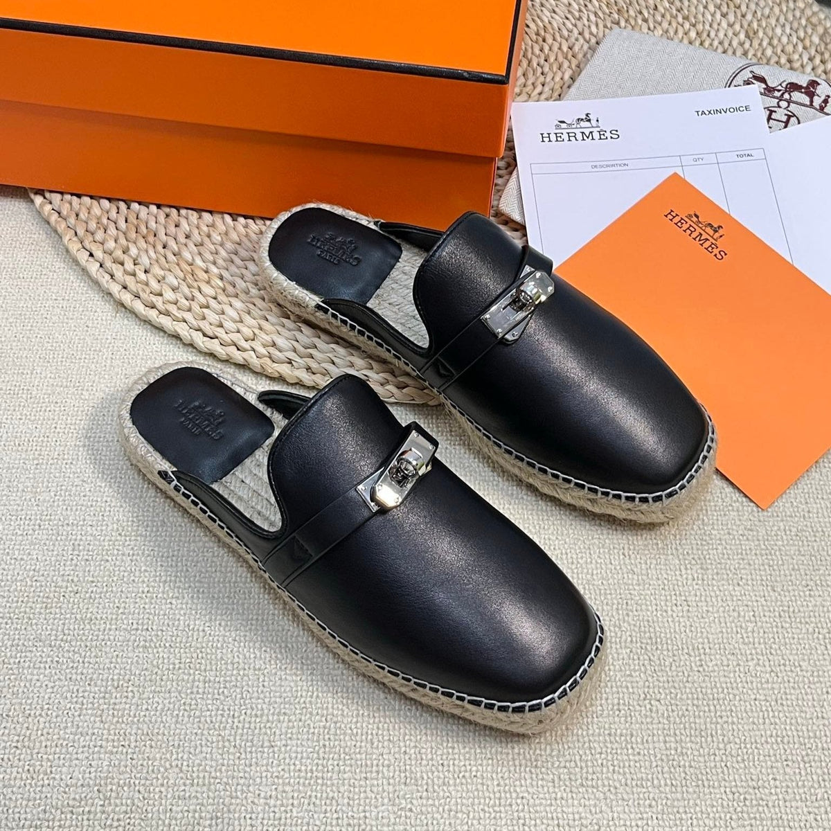 HM Feria Espadrille Mule Black Calfskin