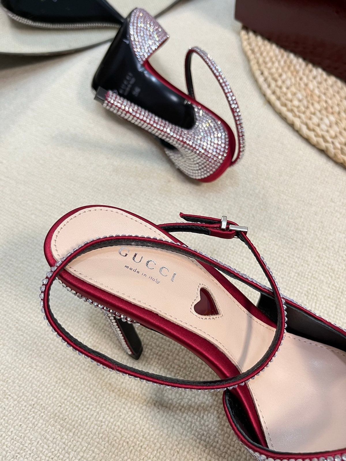HIGH SLINGBACK 10 CM IN CHERRY RED SILK WITH FULL RHINSTONES