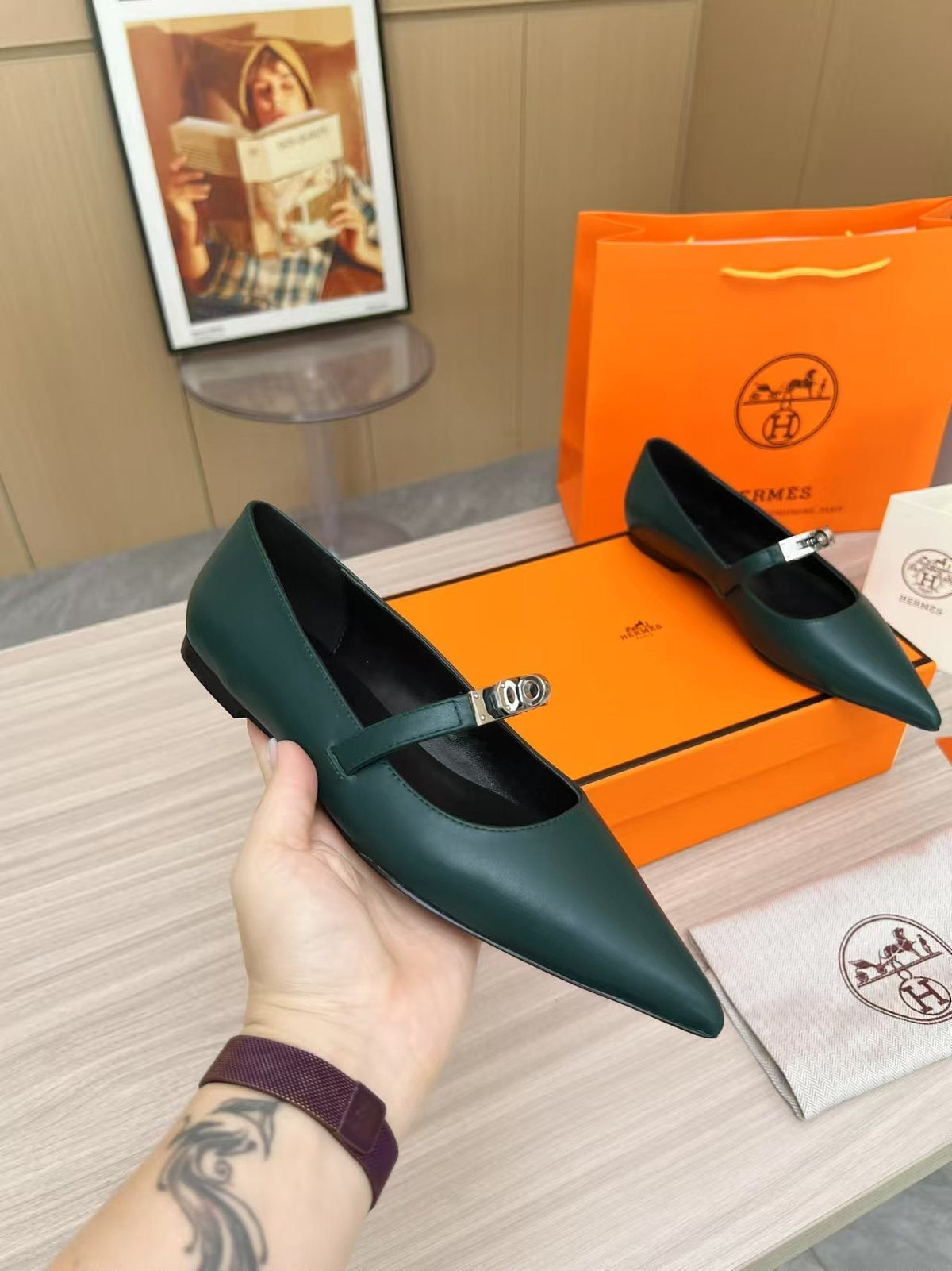 Kiara Slingback Flat Dark Green Calfskin 214058