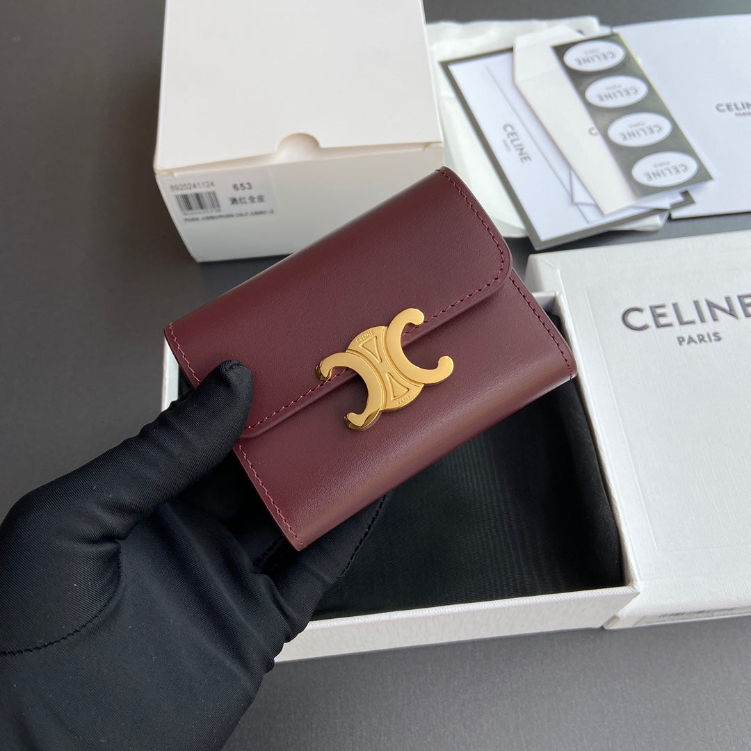 TRIOMPHE Compact Wallet With Coin Purse Burgundy Leather