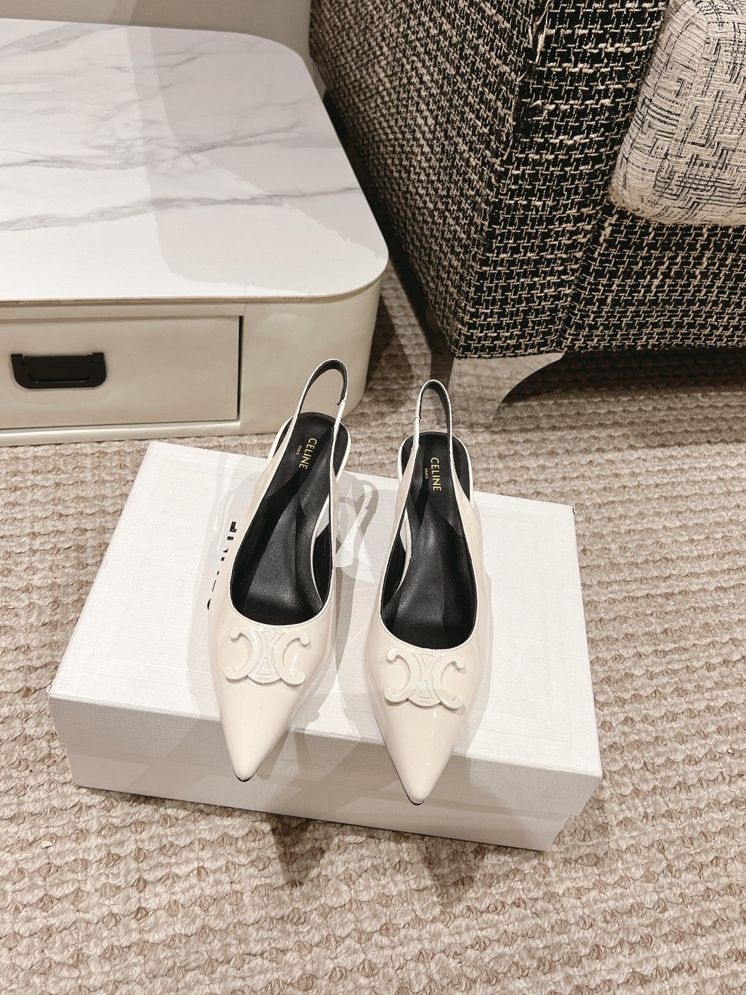HIGH SLINGBACKS 5 CM IN WHITE PATENT CALFSKIN