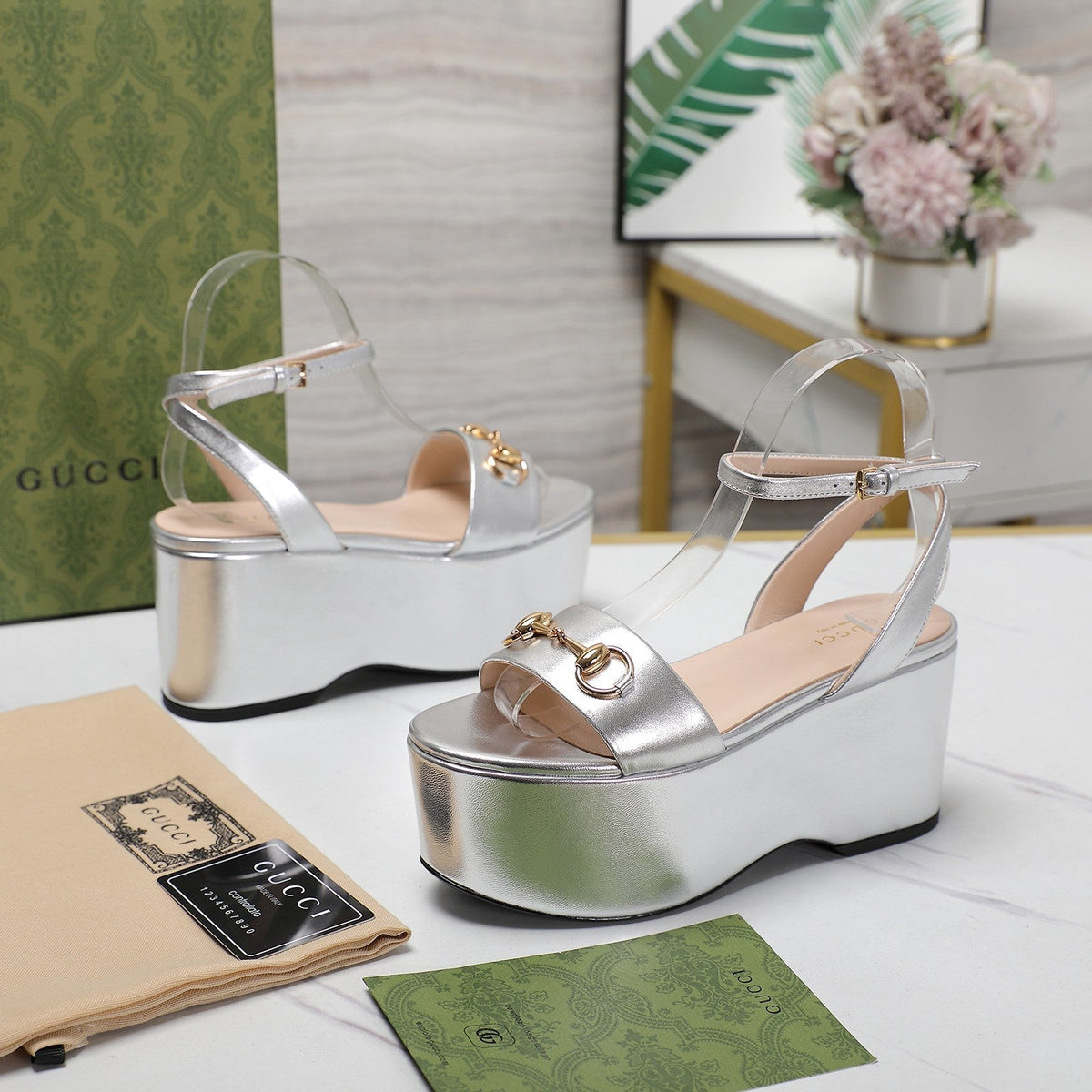 GG Horsebit Wedges Sandals Silver