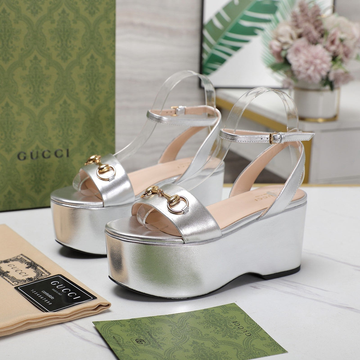 GG Horsebit Wedges Sandals Silver