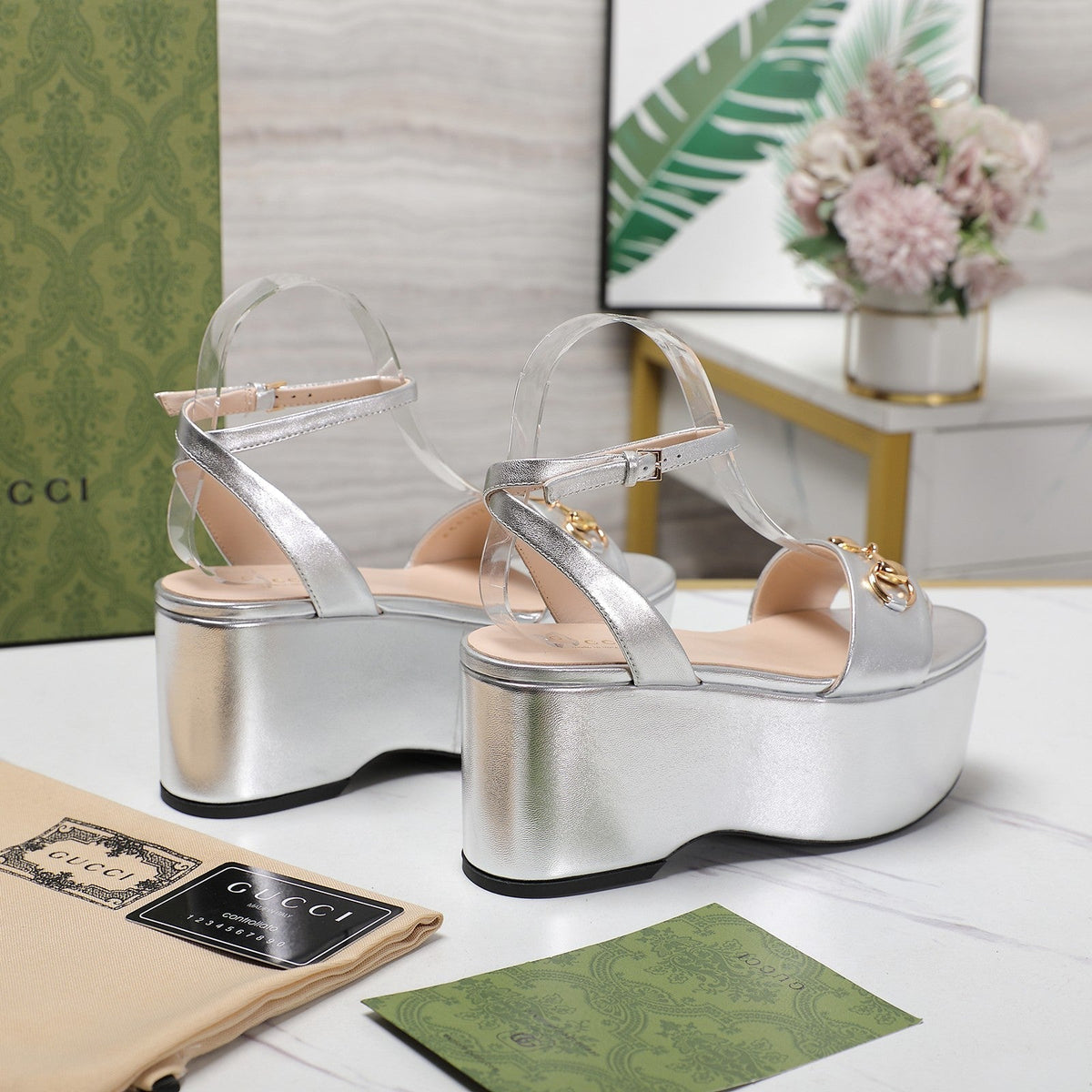 GG Horsebit Wedges Sandals Silver