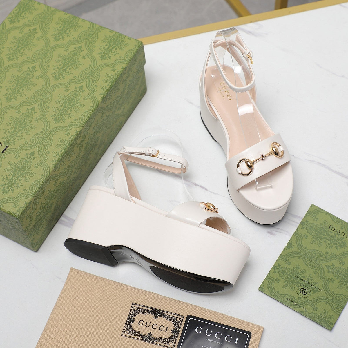 GG Horsebit Wedges Sandals White