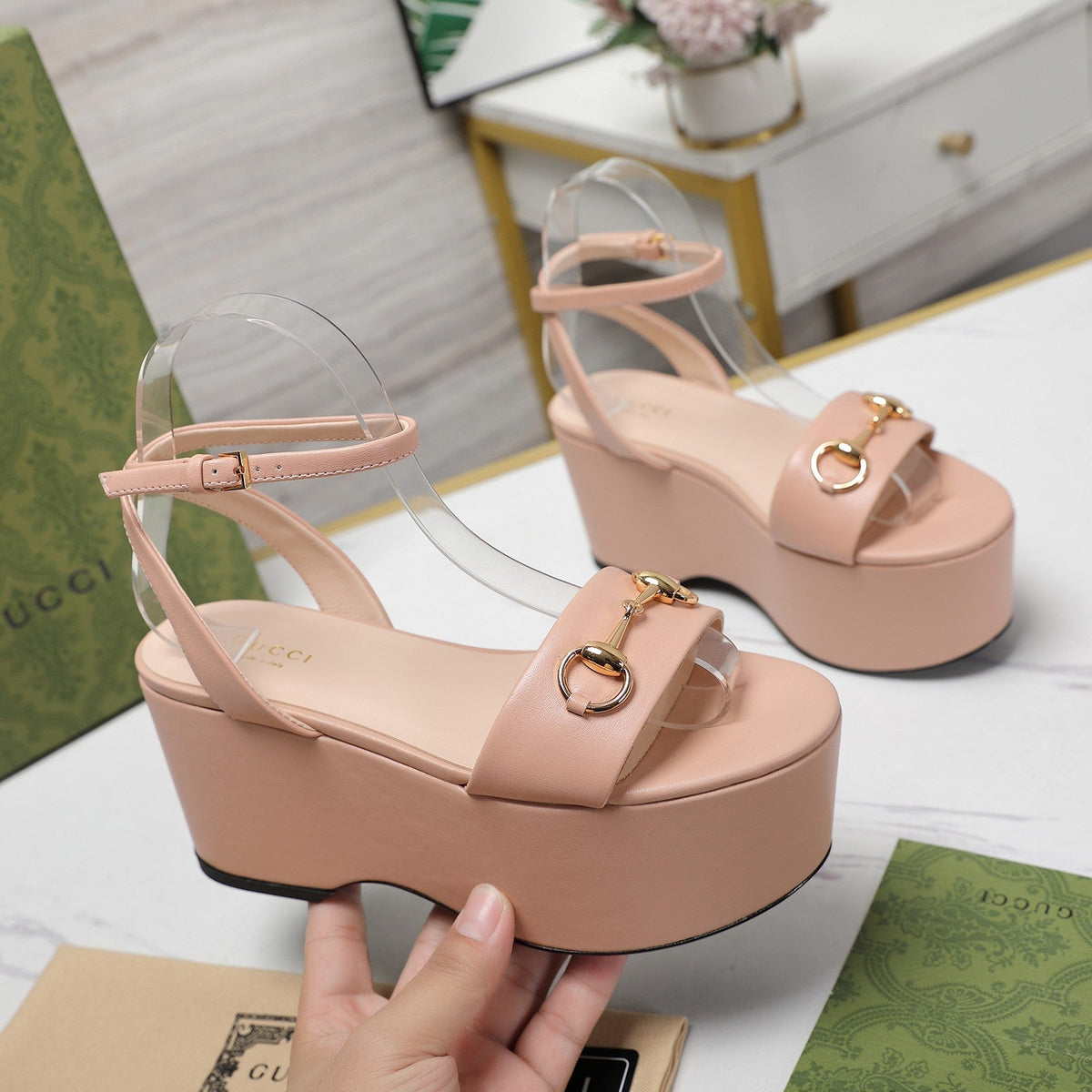 GG Horsebit Wedges Sandals Pink
