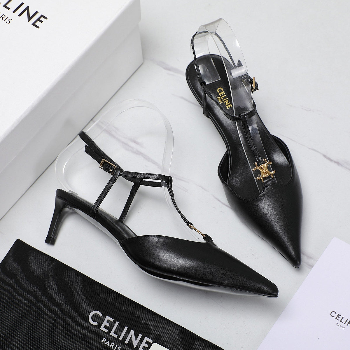 HIGH 5 CM SLINGBACK IN BLACK CALFSKIN WITH GOLD LOGO