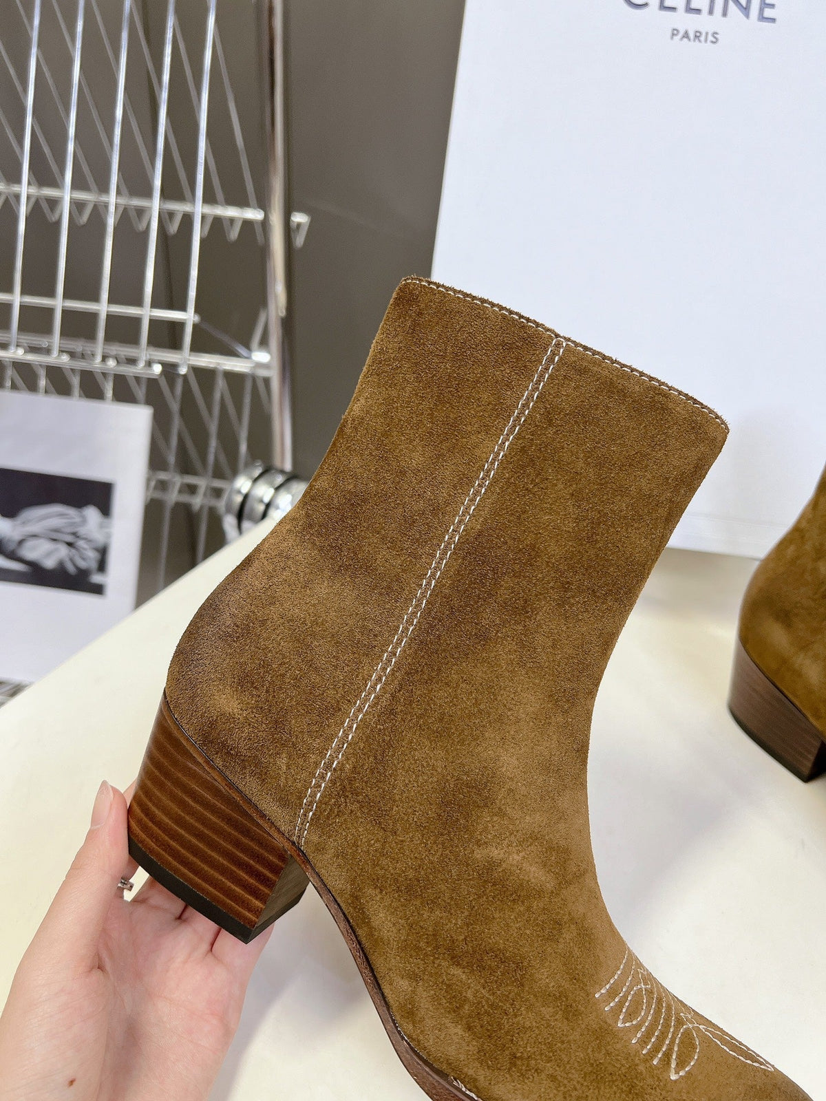 CELINE 25 Cowboy Boots Brown Suede 434416