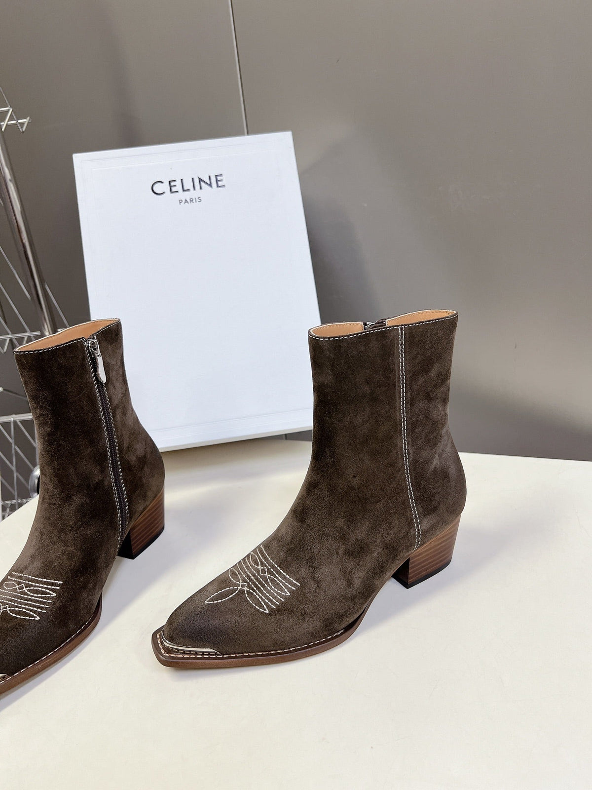 CELINE 25 Cowboy Boots Dark Brown Suede 434417