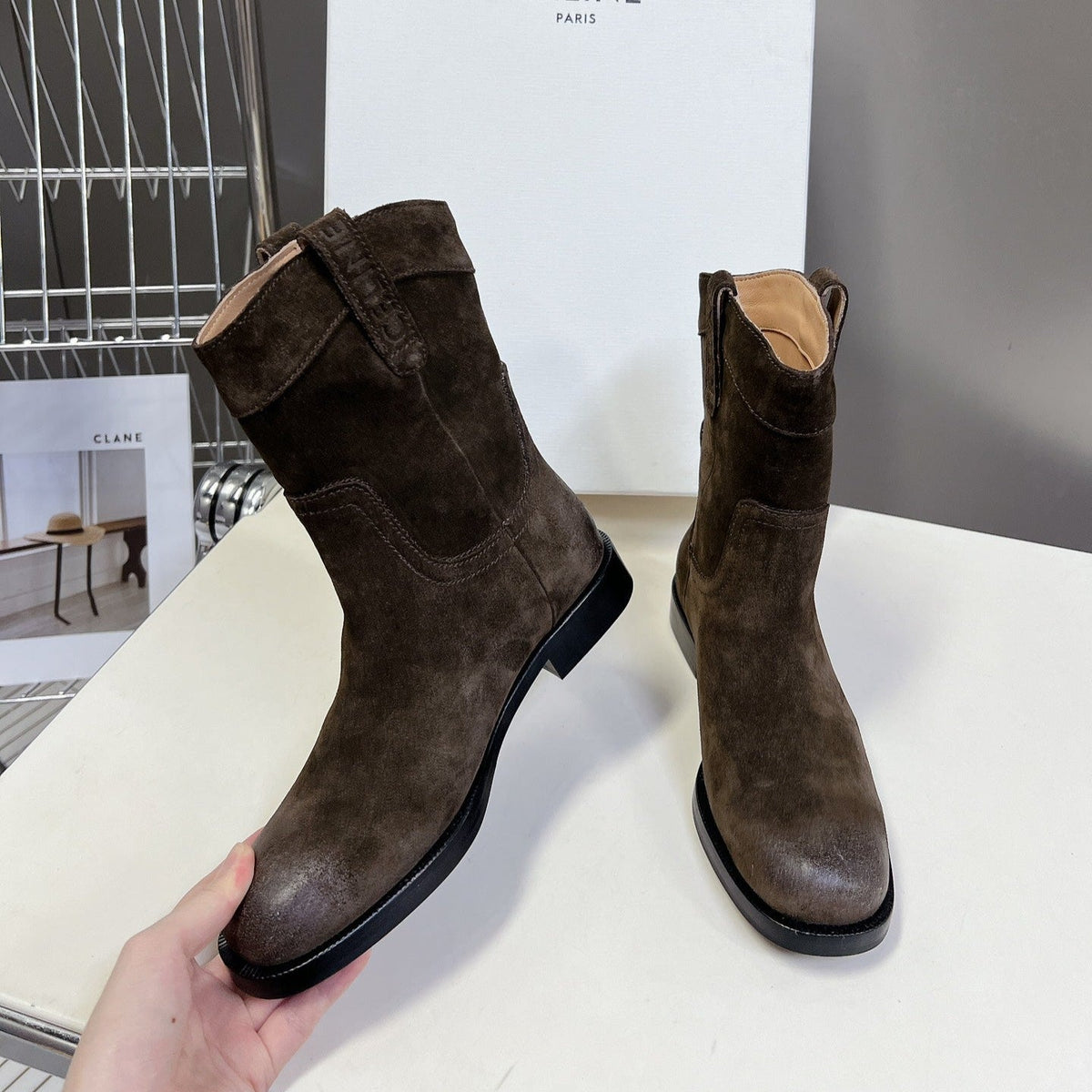 CELINE 25 cowboy boots dark brown suede 434412
