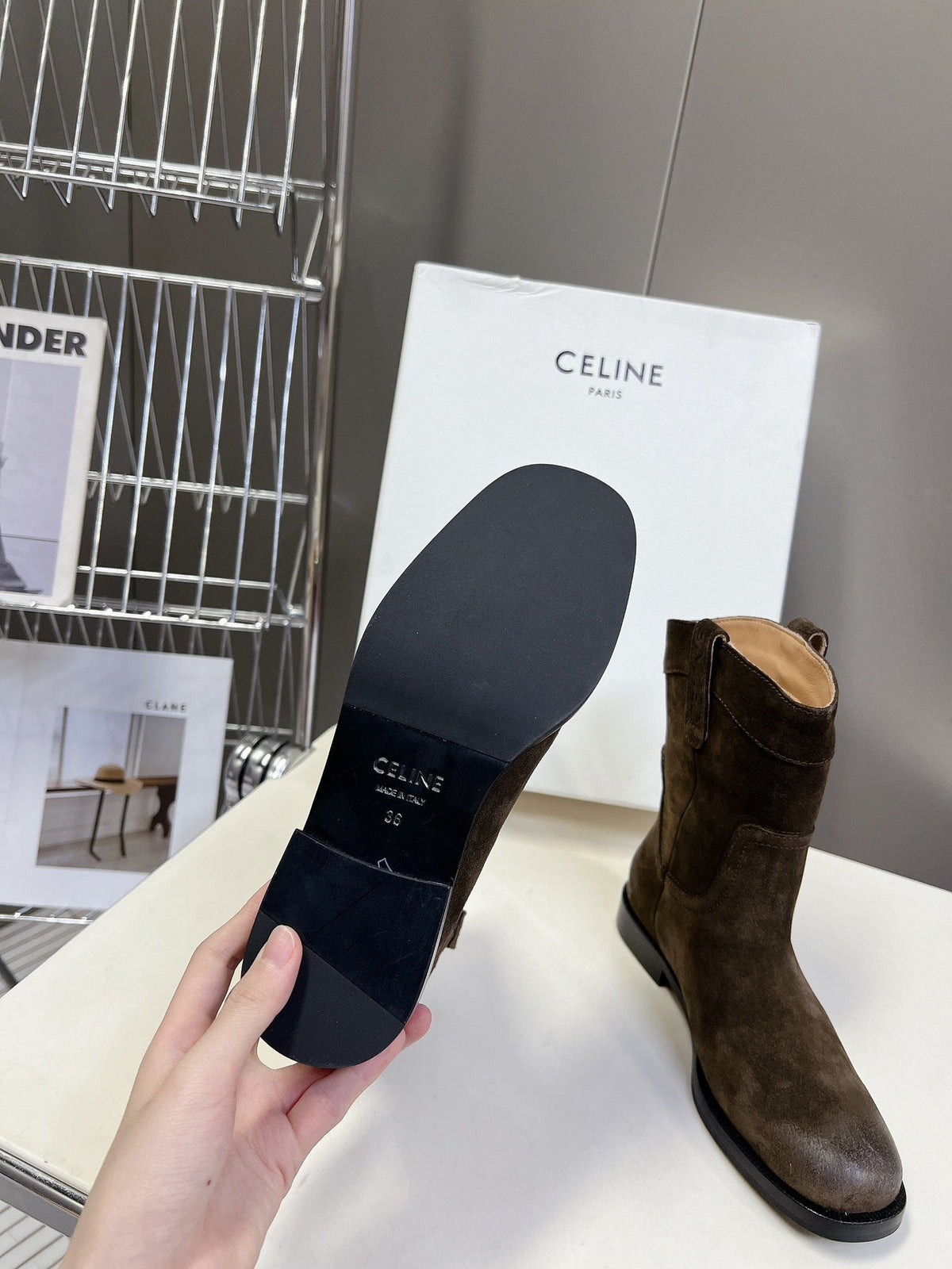 CELINE 25 cowboy boots dark brown suede 434412