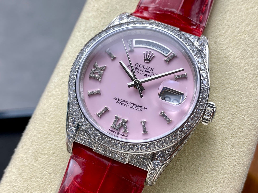 ROLEX Day-Date 36mm Diamond Red Leather Pink Dial