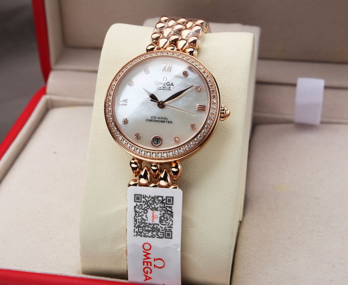 DEVILLE PRESTIGE 32MM ROSE GOLD DIAMOND BEZEL MOP DIAL